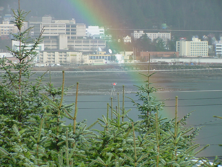 A Rainbow, Channel Marker #4, Tideflats at the mouth of Gold Creek, and part of Juneau.