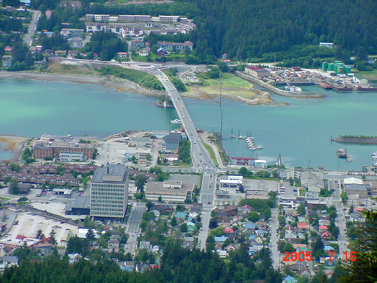 Part of Downtown Juneau, the Bridge, and the Roundabout in West Juneau.