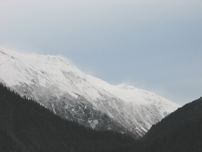 Mt. Juneau Ridge and Olds Mtn. with snow blowing off and around the mountains